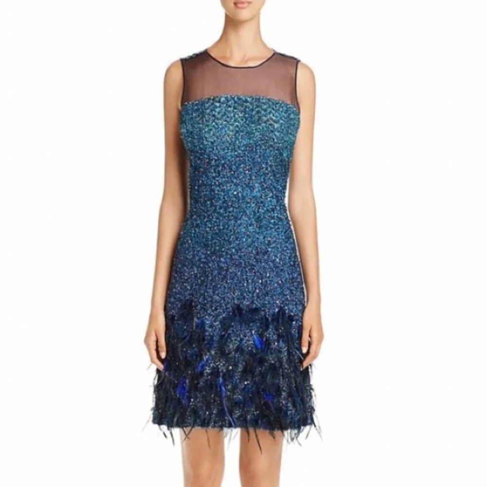 Elie Tahari Anabelle Cocktail Dress With Feathered Hem And Sequins